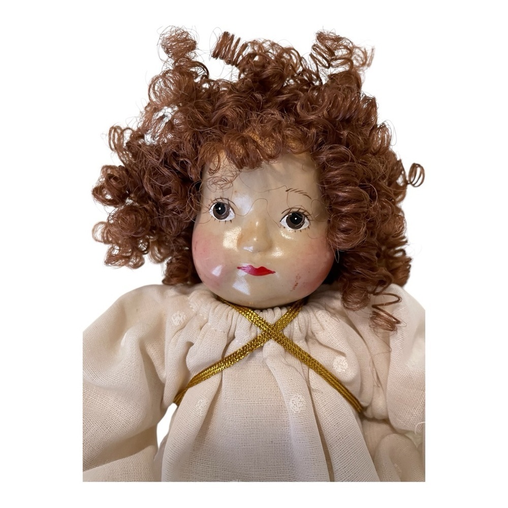 Vintage Porcelain Angel Doll with Curly Hair, White Outfit, Gold Wings Soft Body